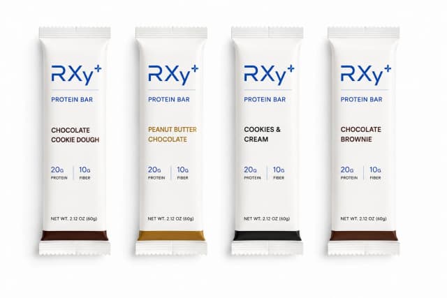 RXy+ Protein Bar Variety Pack box – 4 x 60g bars, 20g protein, 10g fibre, featuring Chocolate Cookie Dough, Peanut Butter Chocolate, Cookies & Cream and Chocolate Brownie